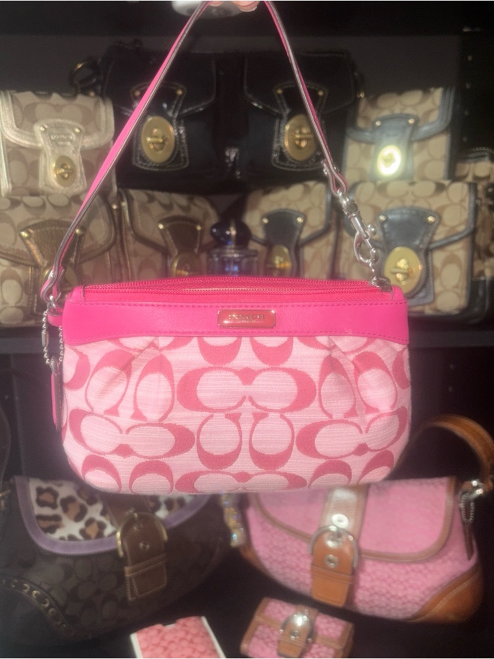 Coach Pink Signature Canvas Wristlet with Hot Pink Trim